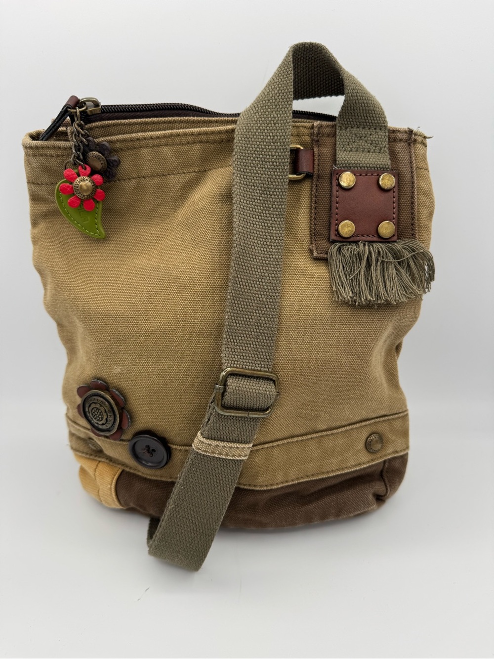 Chala Patch Embellished Canvas Crossbody Messenger Bag- Olive Green Tan Brown